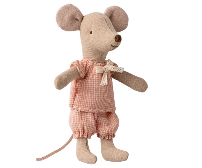Stuffed mouse toy wearing a pink checkered outfit on a white background.