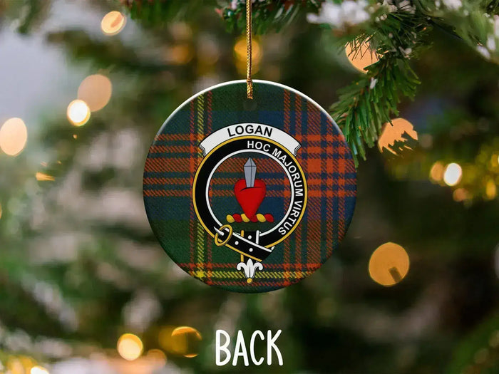 Logan clan Scottish tartan Christmas ornament — 3-inch ceramic disc, gold hanging string
