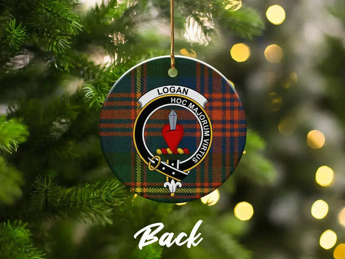 Logan clan crest tartan ornament back view — double-sided glazed ceramic, 3-inch disc