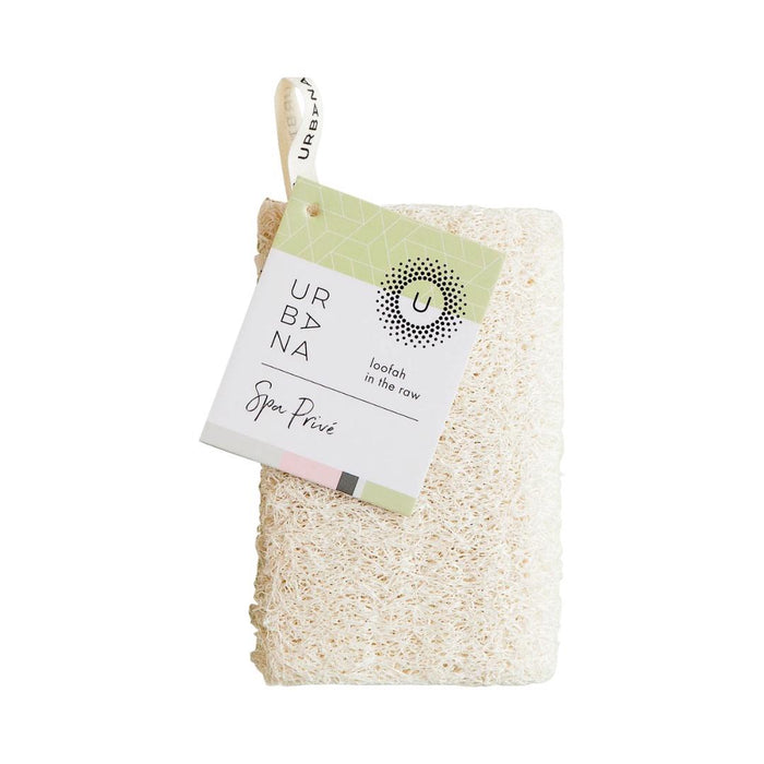 The LOOFAH IN THE RAW by EUROPEAN SOAPS, LLC is an off-white, rectangular loofah sponge with a fabric loop—perfect for exfoliating skin and enhancing your bath routine.