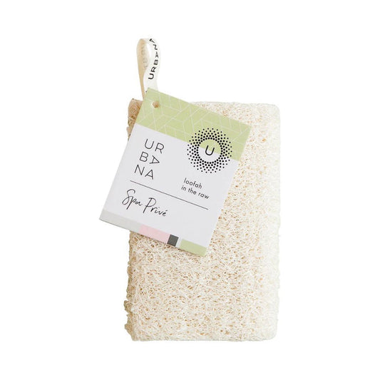 The LOOFAH IN THE RAW by EUROPEAN SOAPS, LLC is an off-white, rectangular loofah sponge with a fabric loop—perfect for exfoliating skin and enhancing your bath routine.