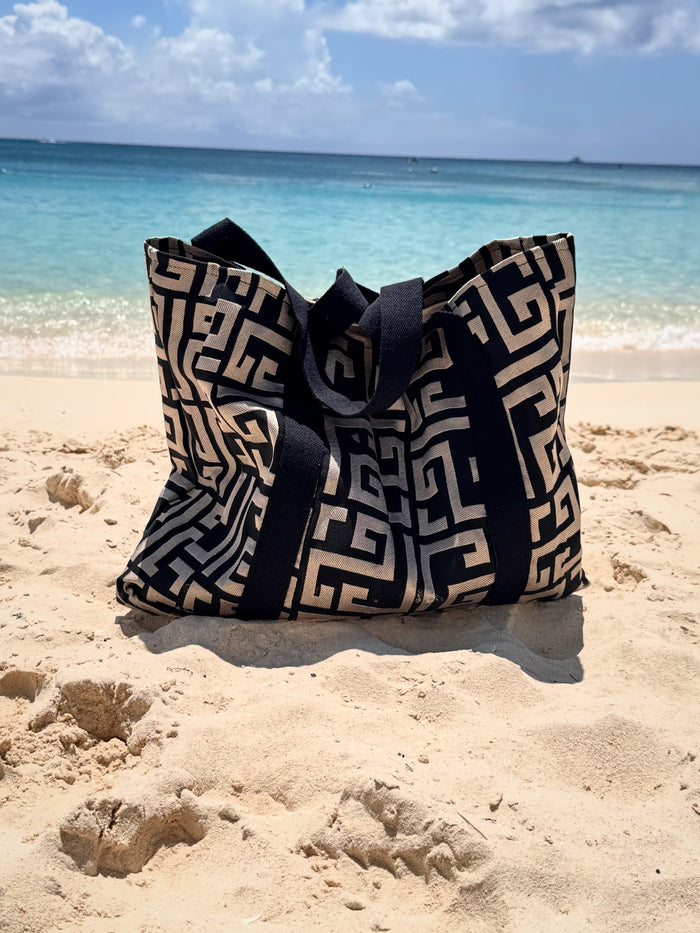Large black and gold greek key patterned beach bag made in Greece. Cotton tote bag with gold meander print