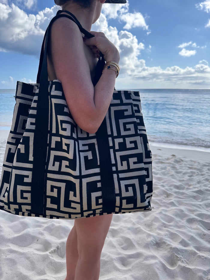 Luxe Cotton Greek Key Beach Bag - Black & Beige Meander Oversized Tote Bag