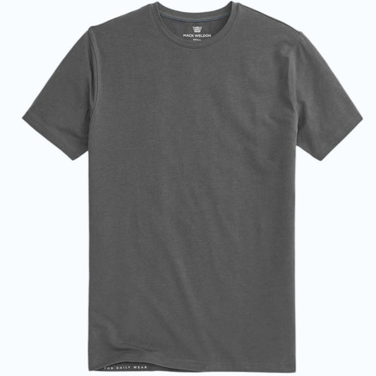 A man with short dark hair and a beard wears a MACK WELDON SILVER CREW NECK T-SHIRT and a black watch, standing against a light gray background with a neutral expression.