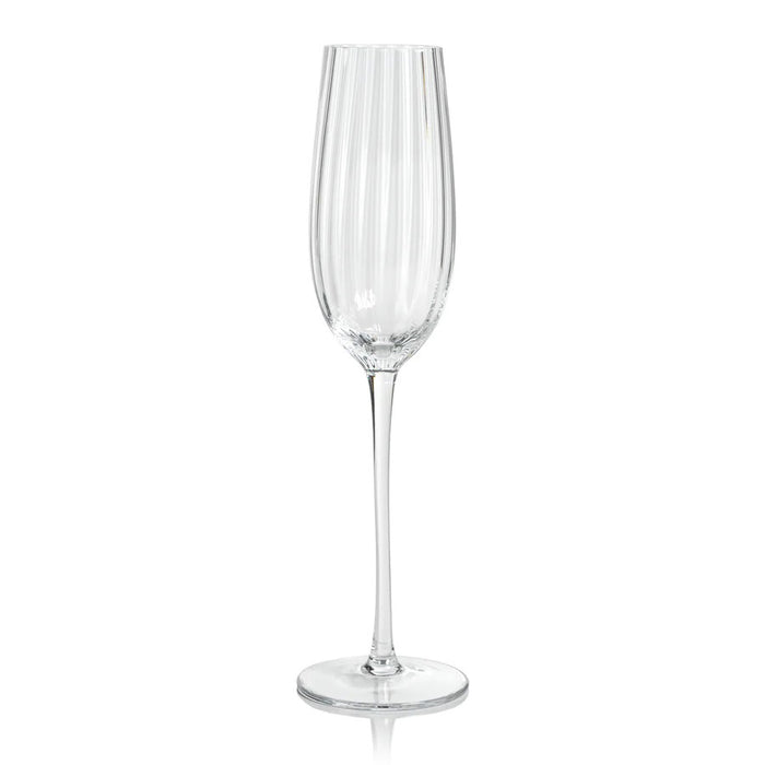 The ZODAX MADELEINE OPTIC CHAMPAGNE FLUTE, with vertical ridges and a long stem, stands upright on a white background—perfect for serving alongside a 270 ml water bottle or 9.13 oz bottle.