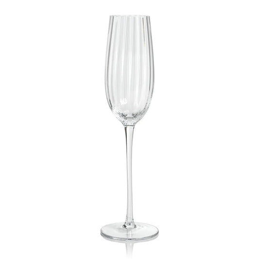 The ZODAX MADELEINE OPTIC CHAMPAGNE FLUTE, with vertical ridges and a long stem, stands upright on a white background—perfect for serving alongside a 270 ml water bottle or 9.13 oz bottle.