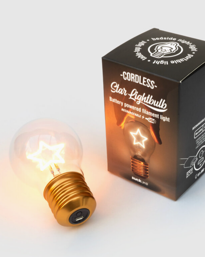 Cordless, chargeable white magic star lightbulb by Suck Uk sold by Le Monkey House