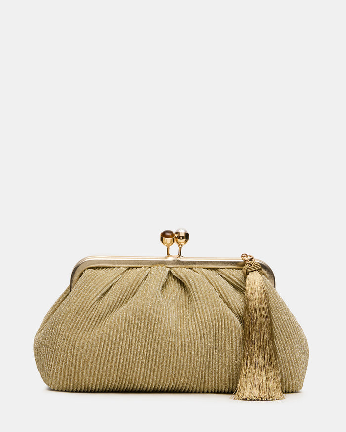 MARISOL Gold Plisse Kiss-Lock Crossbody Clutch Handbag | Steve Madden