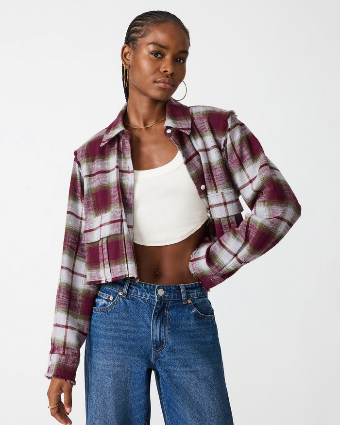 MARLOW Olive Plaid Button-Up Collared Cropped Women's Top | Steve Madden