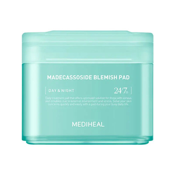 The teal MEDIHEAL - BLEMISH PADS 100PC by EXOD INTERNATIONAL features soothing CalmingTox. Tweezers lift a single white pad from the open container, which touts benefits for 24/7 and Day & Night use.
