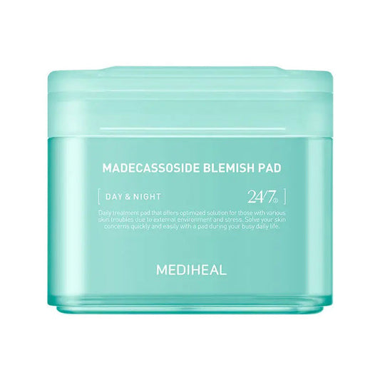 The teal MEDIHEAL - BLEMISH PADS 100PC by EXOD INTERNATIONAL features soothing CalmingTox. Tweezers lift a single white pad from the open container, which touts benefits for 24/7 and Day & Night use.