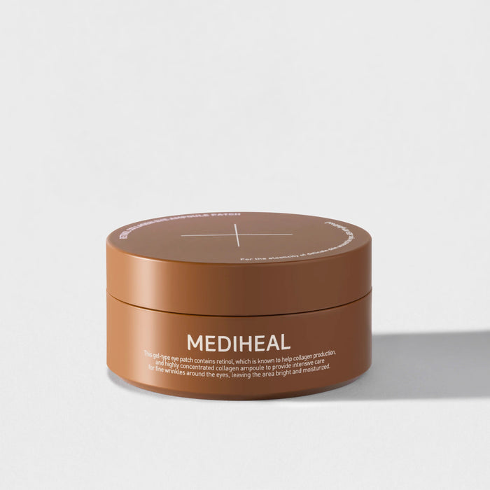 A close-up of two overlapping, translucent glossy MEDIHEAL RETINOL COLLAGEN EYE AMPOULE PATCHES from EXOD INTERNATIONAL, with a pink tint on a white surface. They are smooth and slightly shiny, perfect for anti-aging skincare routines.
