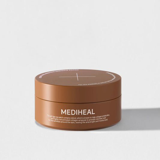 A close-up of two overlapping, translucent glossy MEDIHEAL RETINOL COLLAGEN EYE AMPOULE PATCHES from EXOD INTERNATIONAL, with a pink tint on a white surface. They are smooth and slightly shiny, perfect for anti-aging skincare routines.