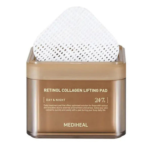 A close-up of a person with light skin, wearing a small earring, as they apply the MEDIHEAL RETINOL COLLAGEN LIFTING PAD by EXOD INTERNATIONAL to their cheek. The top image shows the perforated adhesive pad being positioned, and the bottom image shows it fully adhered for an anti-aging routine.