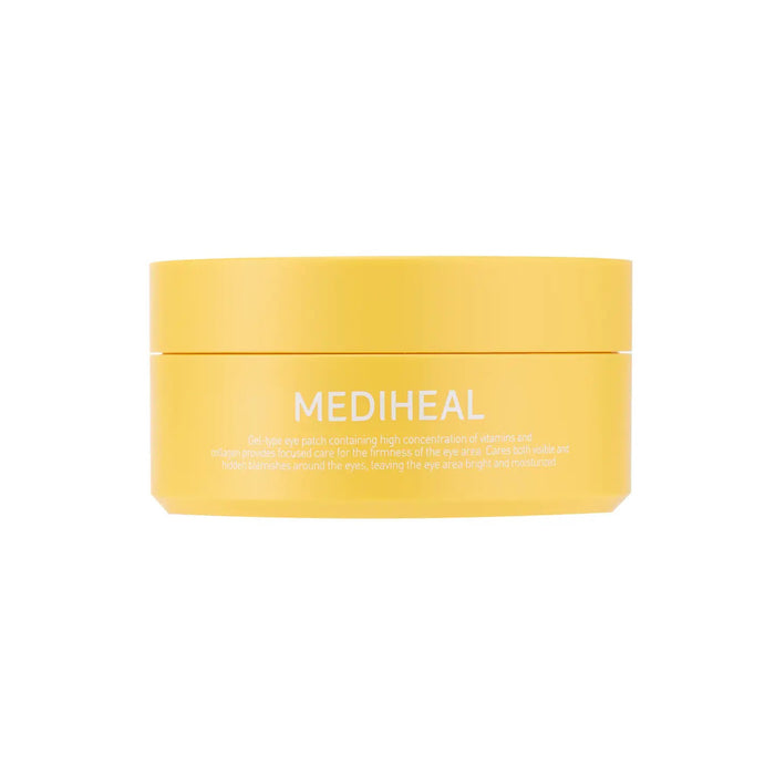 Two crescent-shaped, translucent eye patches from EXOD INTERNATIONAL's MEDIHEAL - VITA COLLAGEN EYE AMPOULE PATCH rest on a white surface. Their light peach hue evokes a yin-yang harmony while infused collagen gently reduces eye wrinkles.