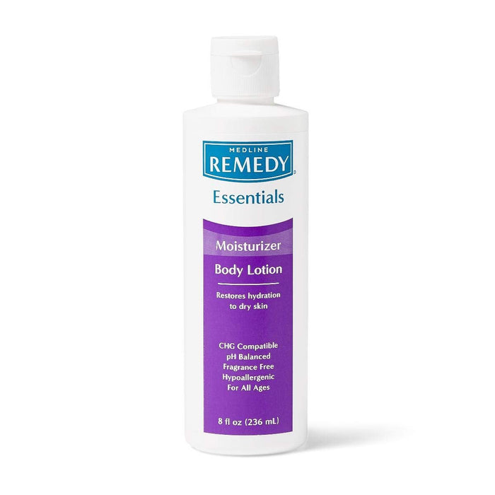 Medline Remedy Essentials Moisturizer Body Lotion, Fragrance Free, 8 fl oz, Case of 12