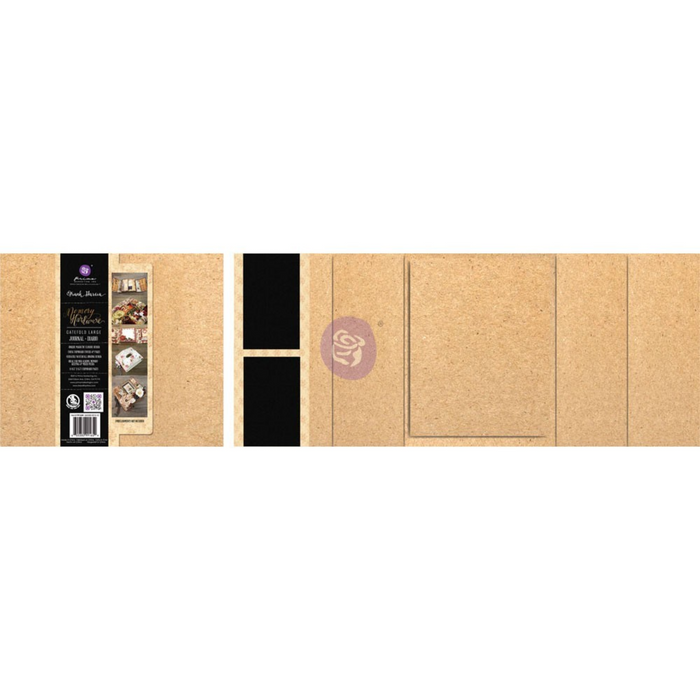 Collage of a cardboard box with various labels and design elements on a white background