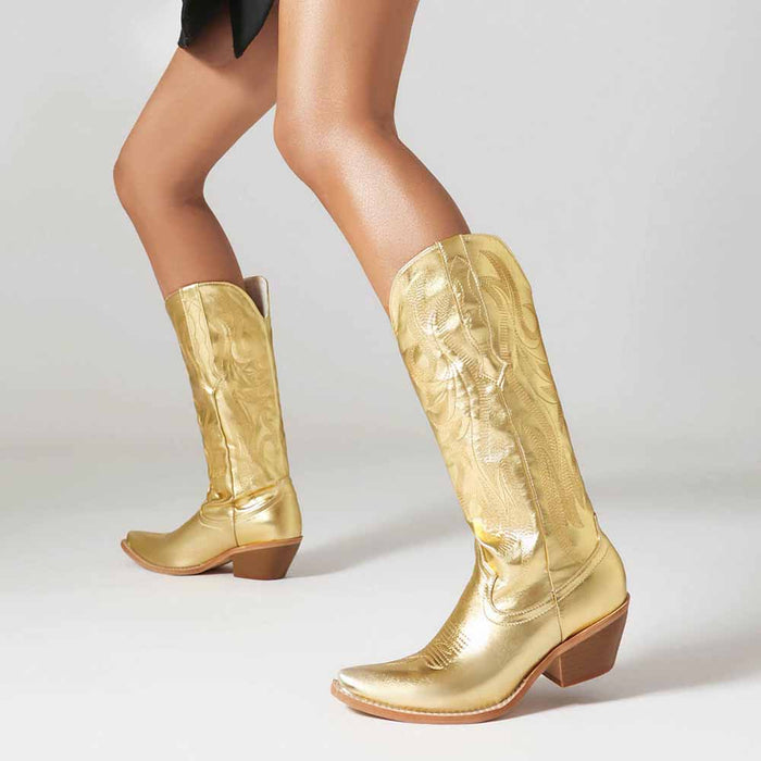 Shiny gold metallic cowboy boots for women with stylish embossed design and comfortable heel