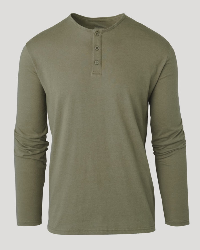Military Green Classic Long Sleeve Henley with three-button placket.