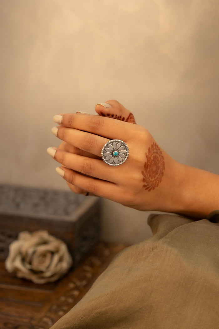 Mizoya Intricate Flower Turquoise Ring