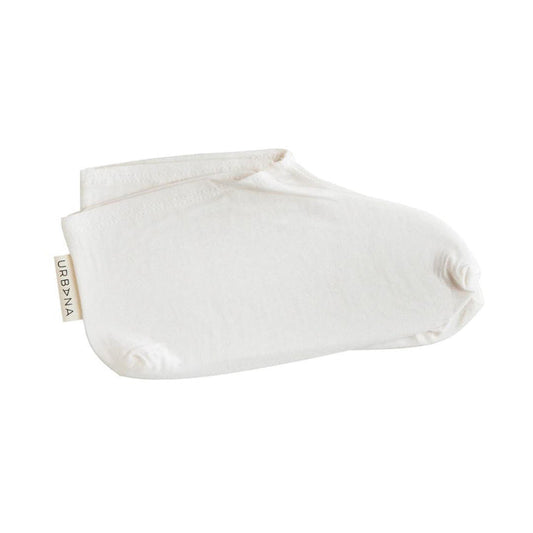 A pair of neatly folded white no-show socks featuring a small "URBANA" tag—ideal for use with EUROPEAN SOAPS, LLC MOISTURIZING BOOTIES to help create a relaxing at-home spa experience.