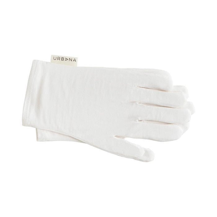 A pair of MOISTURIZING GLOVES by EUROPEAN SOAPS, LLC lies flat with a visible tag on a plain white background, ideal for creating an at-home spa experience.