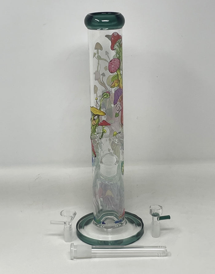 Multi Mushroom Design 14" Straight Thick Glass Water Pipe Bong - 2 bowls