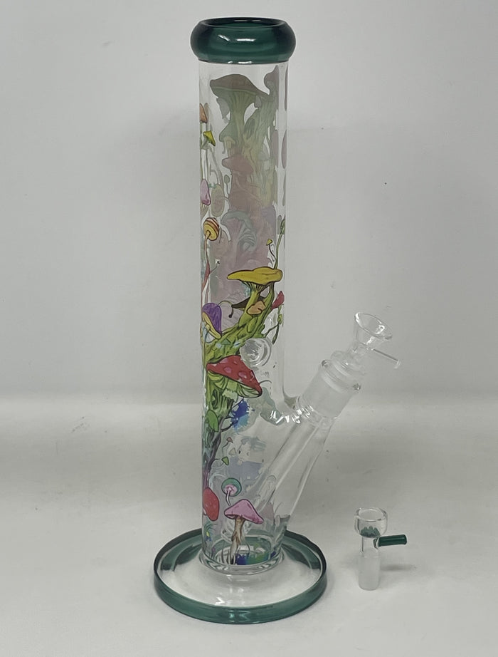 Multi Mushroom Design 14" Straight Thick Glass Water Pipe Bong - 2 bowls