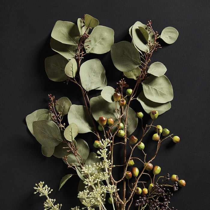 The NAPA HOME AND GARDEN - SILVER DOLLAR EUCALYPTUS features a single stem with green, round leaves and small white buds at the top against a white background, ideal for home decor enhancement.