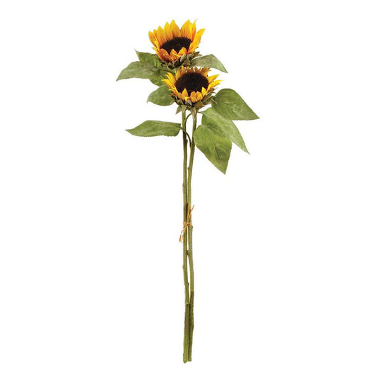 The NAPA HOME AND GARDEN - SUNFLOWER STEM features two vibrant, natural-looking sunflowers with dark brown centers and bright yellow petals on long stems, complete with lush green leaves and tied with twine, perfect for adding a touch of Napa's charm to your home decor.