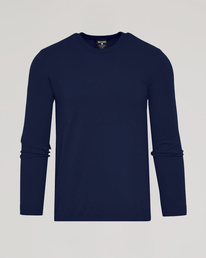 Navy Dressy Crew Neck Sweater, soft, slim-fit, laid flat.