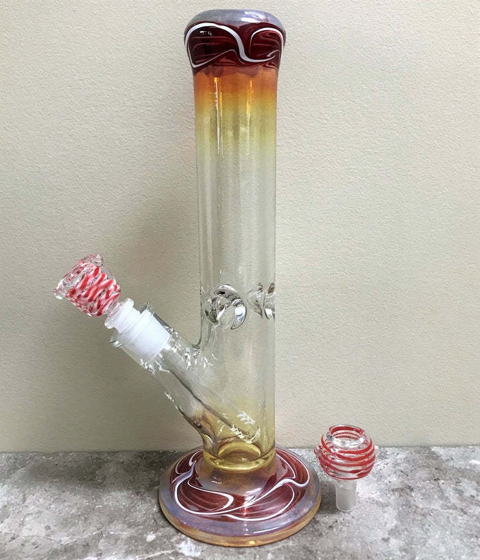New! 12" Thick Straight Water Pipe/Bong with Amber Color Fumed Glass & 2 - 14mm Male Slide Bowls