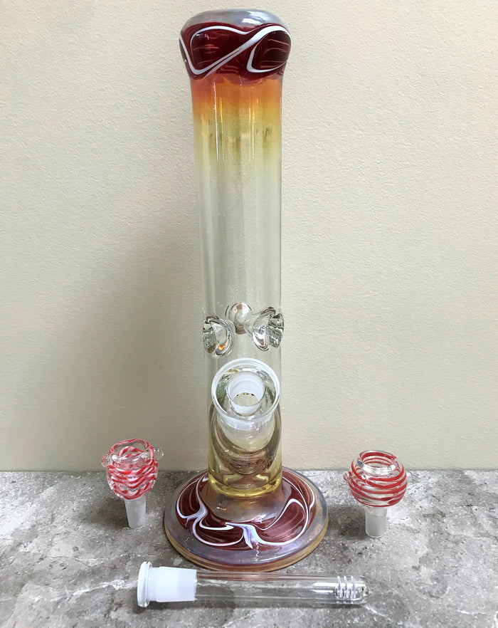 New! 12" Thick Straight Water Pipe/Bong with Amber Color Fumed Glass & 2 - 14mm Male Slide Bowls
