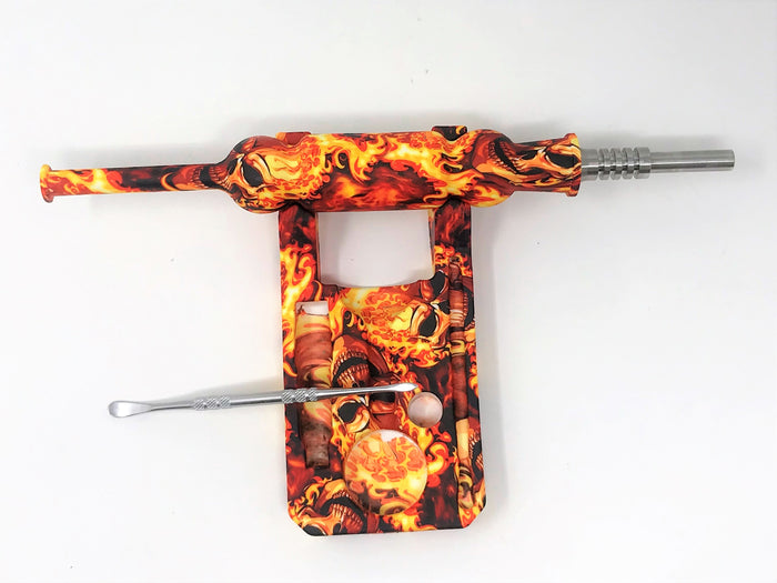 New! Silicone Nectar Kit w/Honey Straw Dab Tool Titanium nail Fire Skull Design