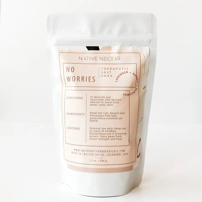 A white resealable pouch labeled "NATIVE NECTAR NO WORRIES SALT SOAK" contains Epsom salt, lavender, rose, and calming essential oils. The packaging includes directions, cautions, and notes it's made in Crested Butte, Colorado, USA.