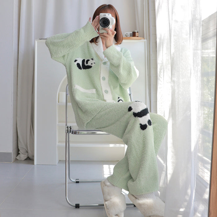 Panda Pattern Pocket Button-up Lapel Winter Pajama Set
