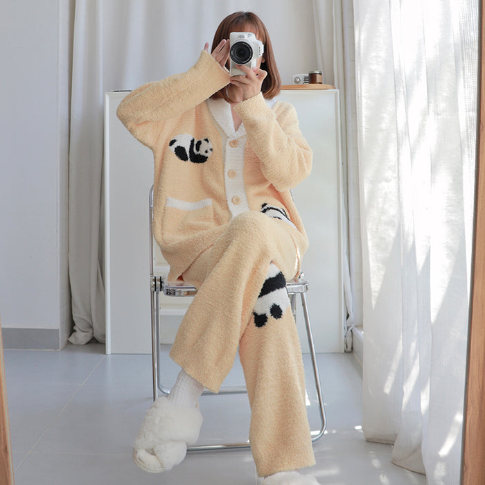 Panda Pattern Pocket Button-up Lapel Winter Pajama Set
