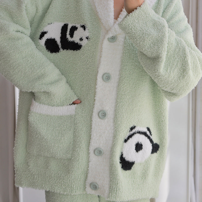 Panda Pattern Pocket Button-up Lapel Winter Pajama Set