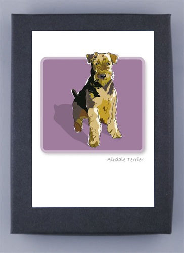 PAPER RUSSELLS - AIREDALE TERRIER NOTE CARDS feature a tan and black Airedale Terrier on a purple background, presented with a white mat and dark frame—ideal for eco-friendly stationery or recycled paper cards.