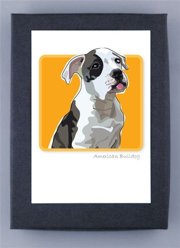 The PAPER RUSSELLS - AMERICAN BULLDOG NOTE CARDS by PAPER RUSSELLS feature a centered illustration of a white and gray American Bulldog puppy on an orange background, printed on eco-friendly recycled paper.
