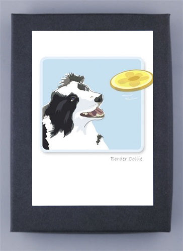 The PAPER RUSSELLS - BORDER COLLIE & FRISBEE NOTE CARDS feature a black and white Border Collie gazing at a yellow frisbee against a light blue background, printed on eco-friendly recycled paper by PAPER RUSSELLS.