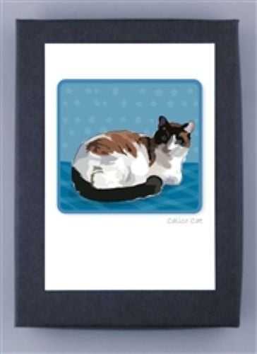 Centered on an FSC certified white card with a dark border, this PAPER RUSSELLS note card features a calico cat lying on blue amid star patterns—perfect eco-friendly stationery for cat lovers.