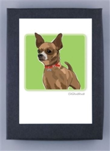 PAPER RUSSELLS - CHIHUAHUA NOTE CARDS feature a brown chihuahua with large ears and a red collar on a light green background, framed in black. Printed on recycled paper in the USA by PAPER RUSSELLS.