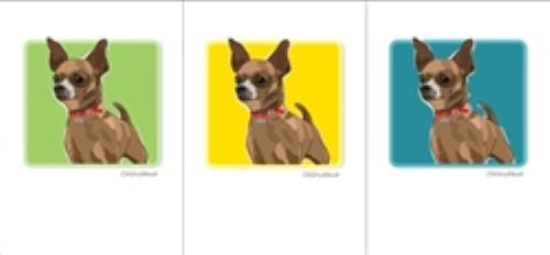 PAPER RUSSELLS - CHIHUAHUA NOTE CARDS feature a brown chihuahua with large ears and a red collar on a light green background, framed in black. Printed on recycled paper in the USA by PAPER RUSSELLS.