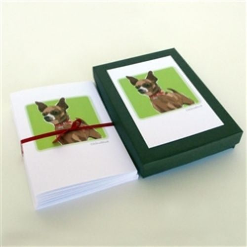 PAPER RUSSELLS - CHIHUAHUA NOTE CARDS feature a brown chihuahua with large ears and a red collar on a light green background, framed in black. Printed on recycled paper in the USA by PAPER RUSSELLS.