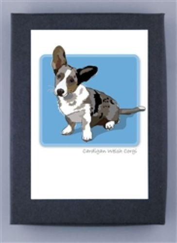 PAPER RUSSELLS - CORGI NOTE CARDS feature a Cardigan Welsh Corgi with large ears and black, white, and gray fur on a blue background. "Cardigan Welsh Corgi" is printed below the illustration. Made in the USA from recycled paper by PAPER RUSSELLS.