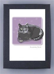 PAPER RUSSELLS - RUSSIAN BLUE CAT NOTE CARDS feature a gray Russian Blue on a purple, starry background, framed in black. Printed on FSC certified, recycled paper and proudly made in the USA by PAPER RUSSELLS.