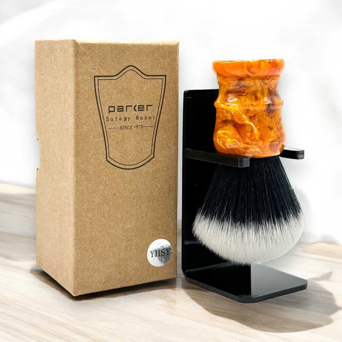 Marbled orange synthetic shaving brush with stand in box