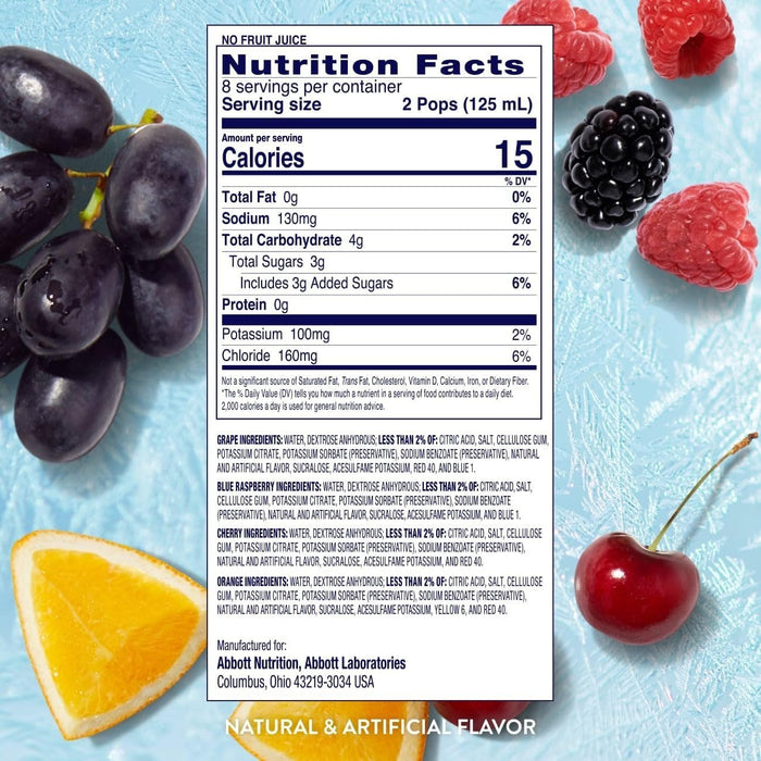Pedialyte Freezer Pops Electrolyte Solution, Grape / Blue Raspberry / Cherry / Orange, 2.1 oz - 62605-Pack - LL Medico