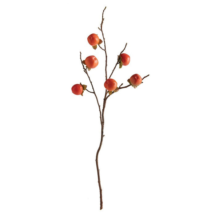 The PERSIMMON BRANCH 35 by NAPA HOME AND GARDEN features six orange-red persimmon fruits on a single brown branch, perfect for unique home decor or displaying in a vase against a white background.